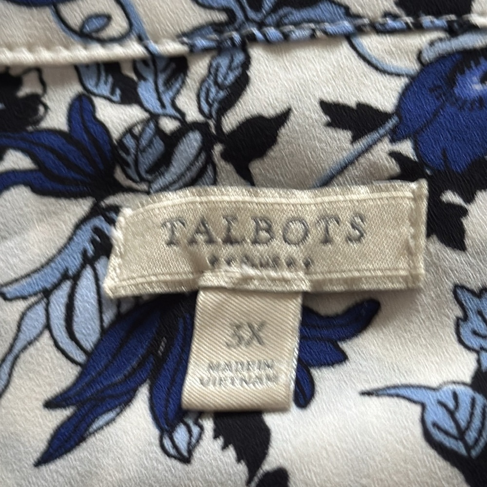 Talbots ivory blue floral print crochet trim‎ long sleeves top Sz 3X - Picture 5 of 6